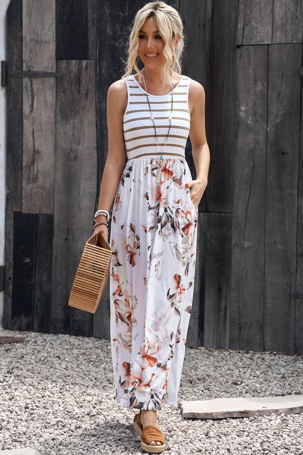 striped floral round neck sleeveless maxi dress
