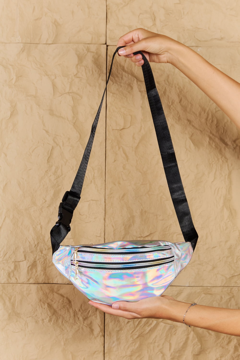 fame good vibrations holographic double zipper fanny pack in silver