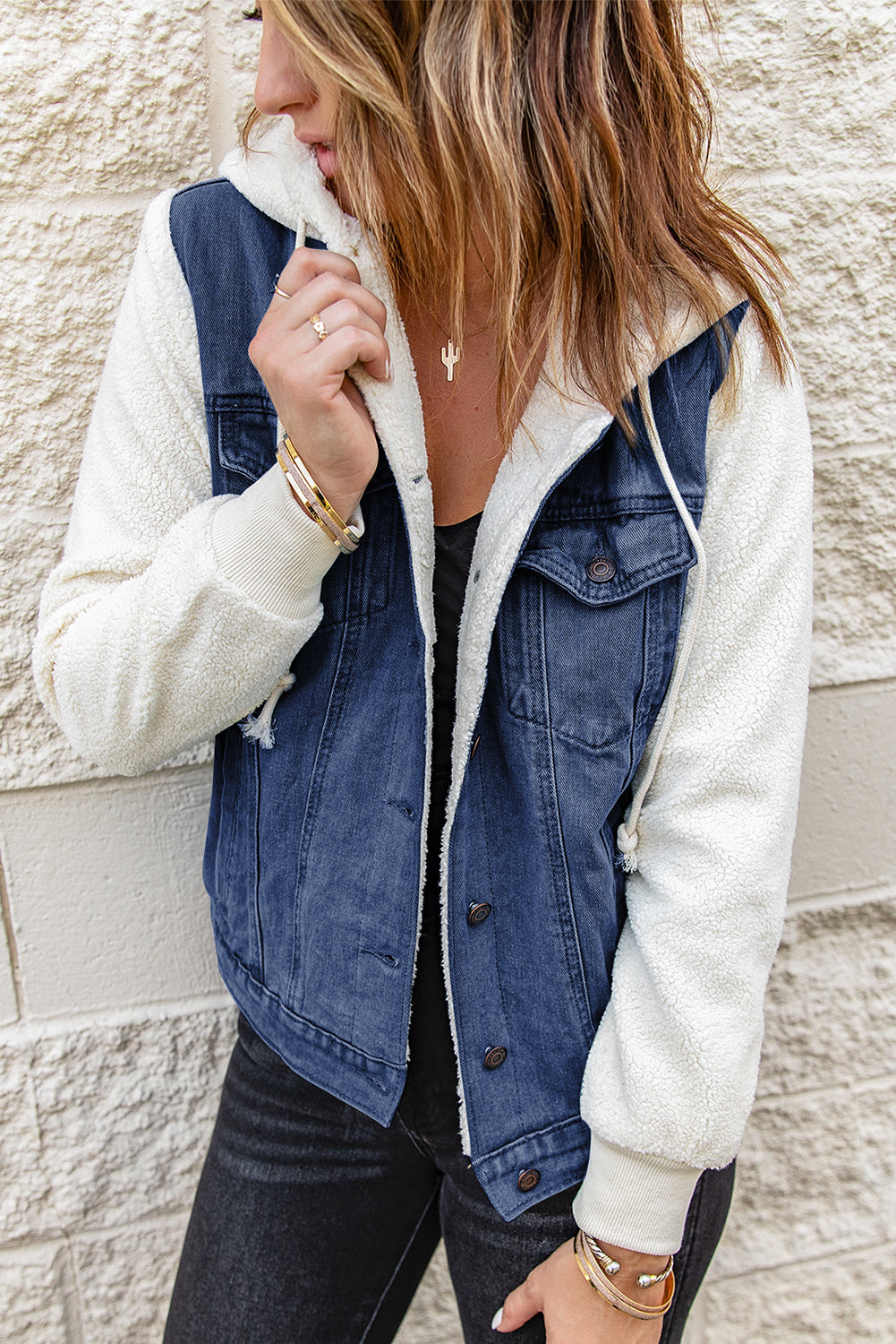 two-tone spliced denim sherpa hooded jacket