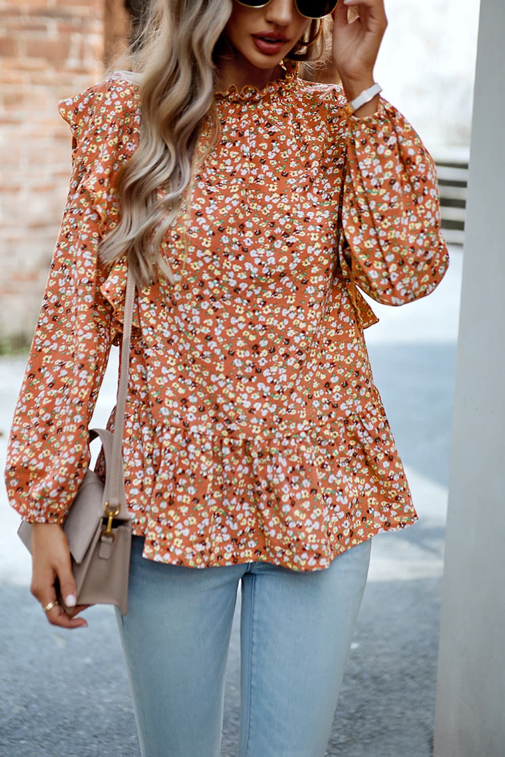 ruffle collar long sleeve peplum top