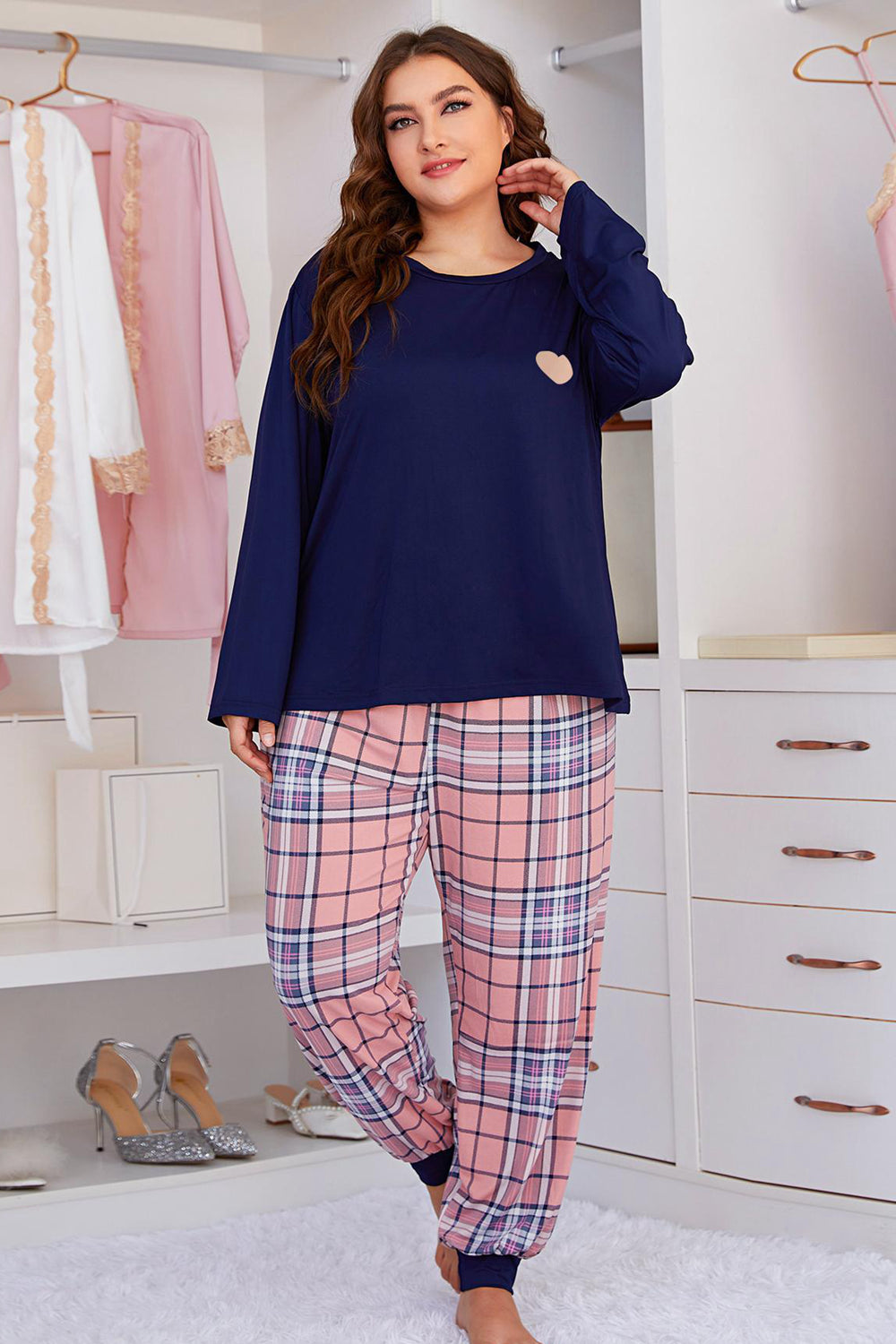 plus size heart graphic top and plaid joggers lounge set