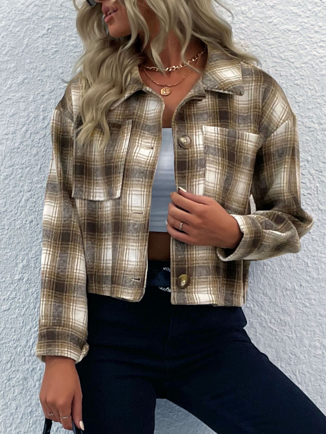 plaid button-up dropped shoulder shacket