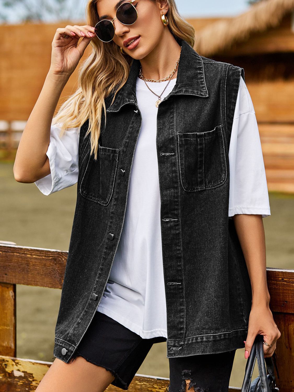 button down denim vest