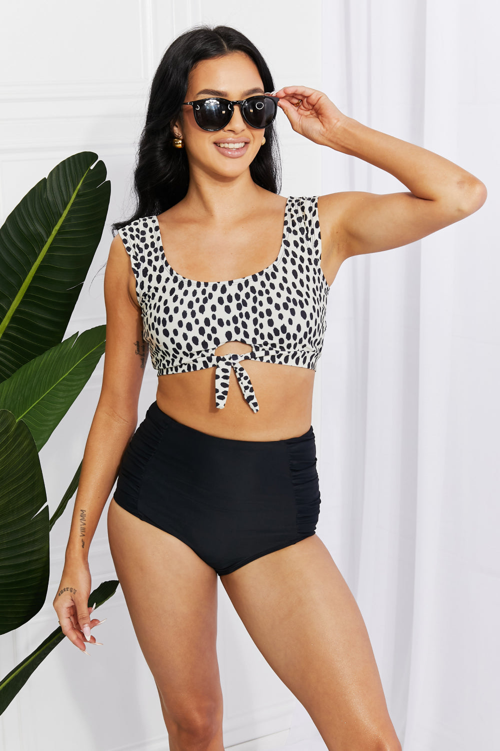 marina west swim sanibel crop swim top and ruched bottoms set in black