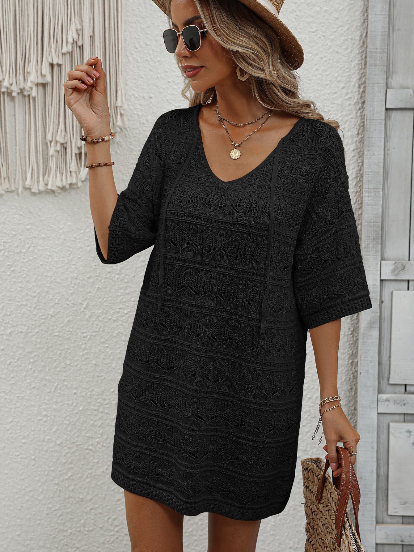 openwork v-neck mini knit dress