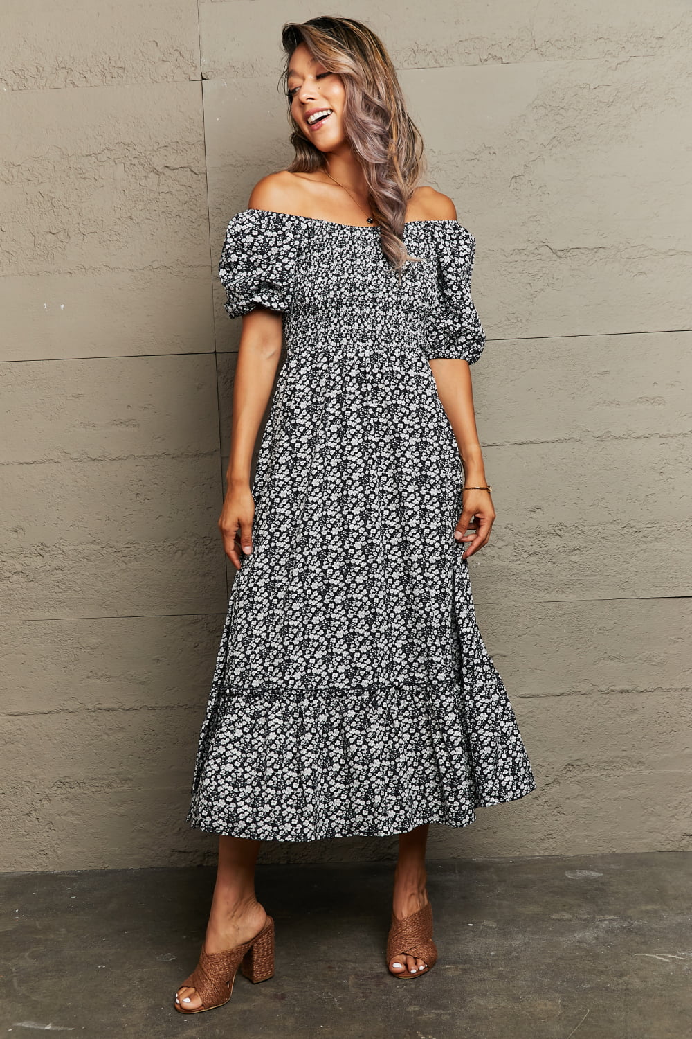 floral lace-up off-shoulder midi dress