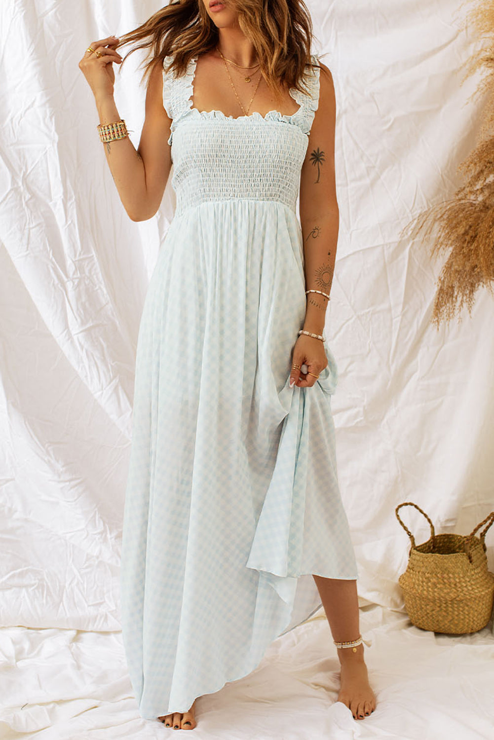 plaid ruffle strap smocked maxi dress