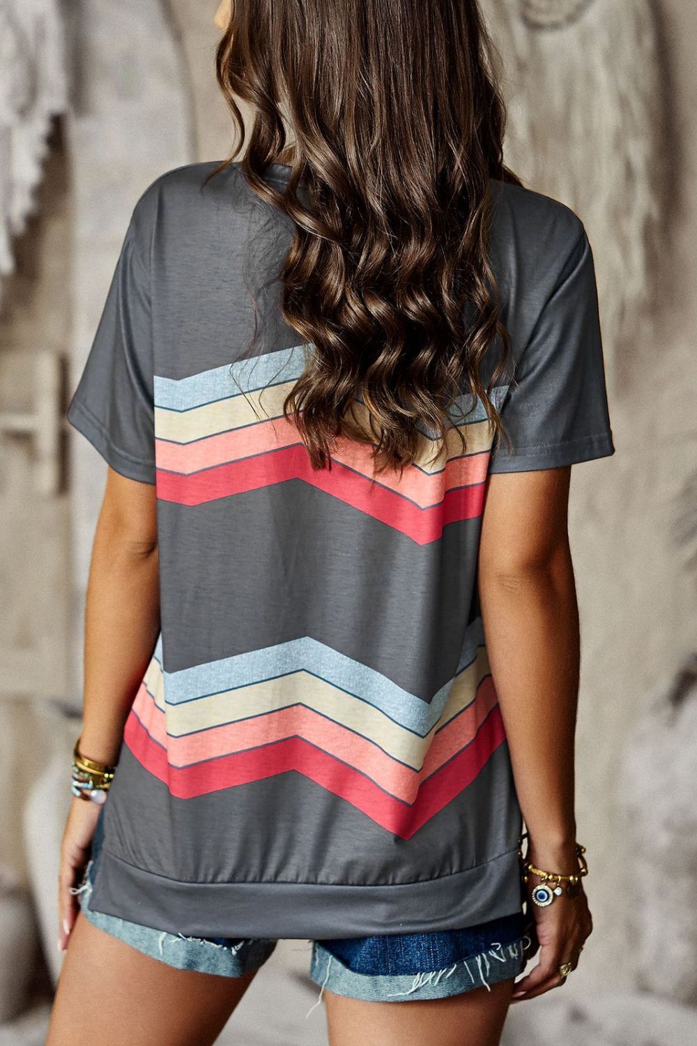 multicolored chevron stripe round neck side slit t-shirt