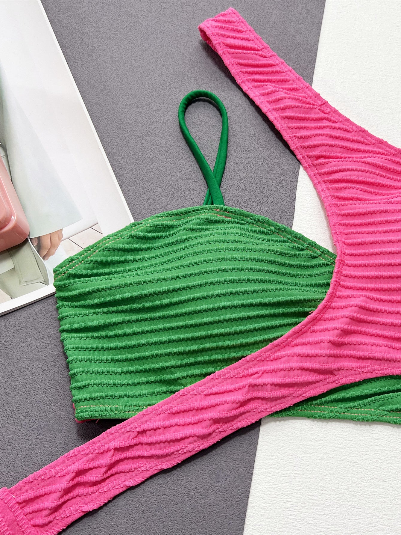 contrast one-shoulder two-piece swim set