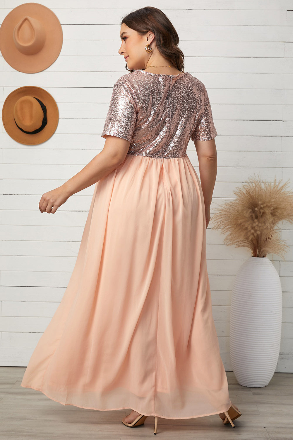 plus size sequined spliced maxi dress