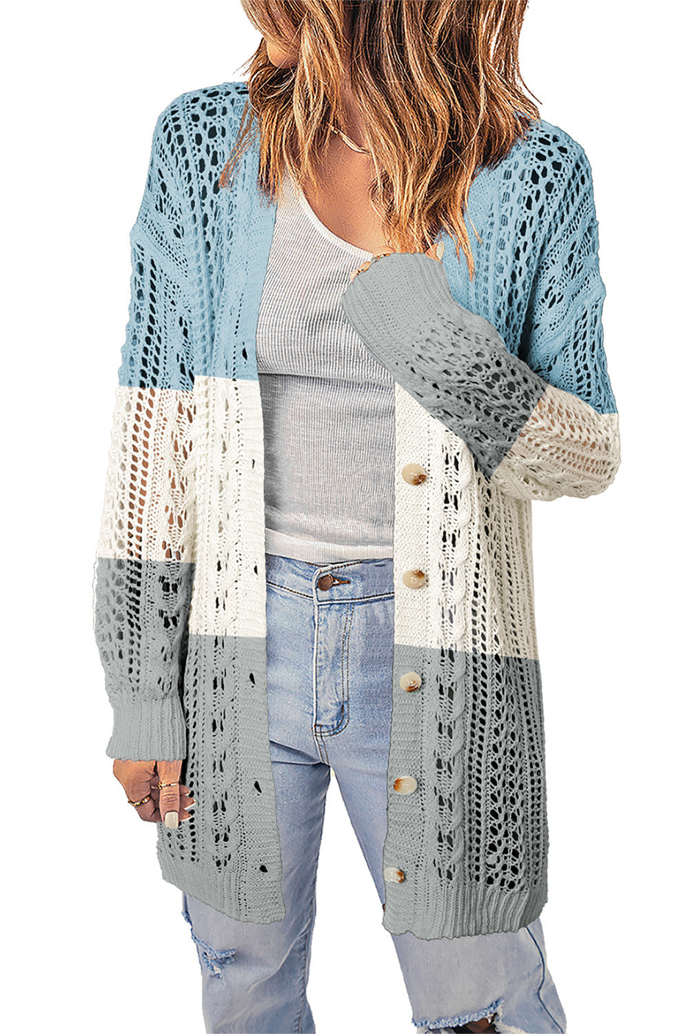 double take openwork ribbed cuff longline cardigan