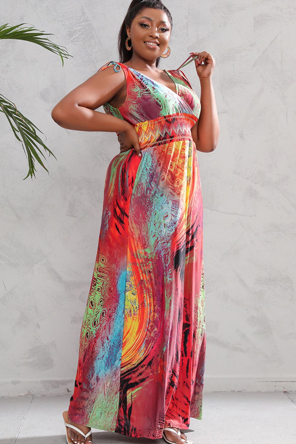 plus size surplice neck smocked waist maxi dress