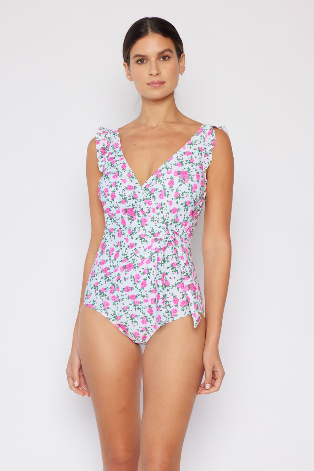 marina west swim full size float on ruffle faux wrap one-piece in roses off-white