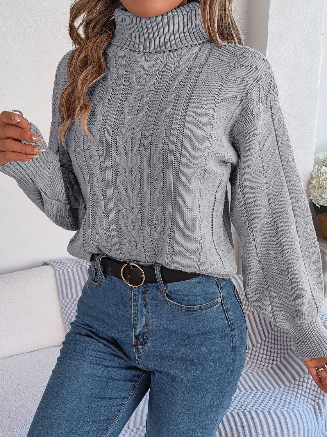 cable-knit turtleneck sweater