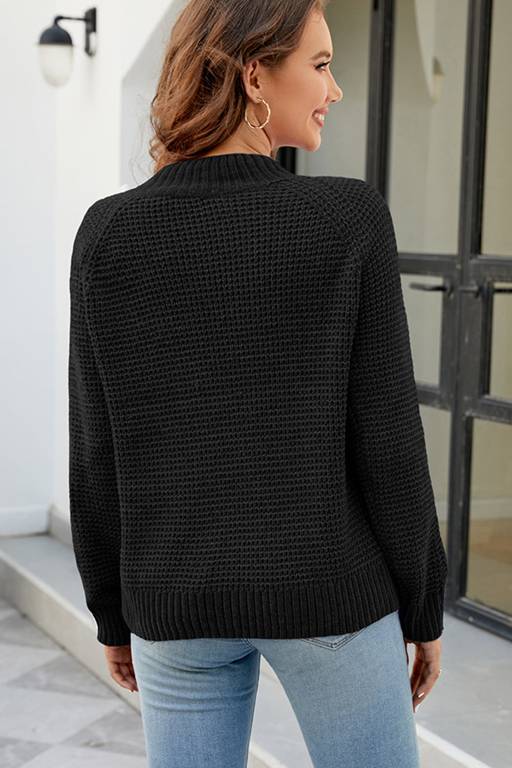 waffle-knit round neck reglan sleeve sweater