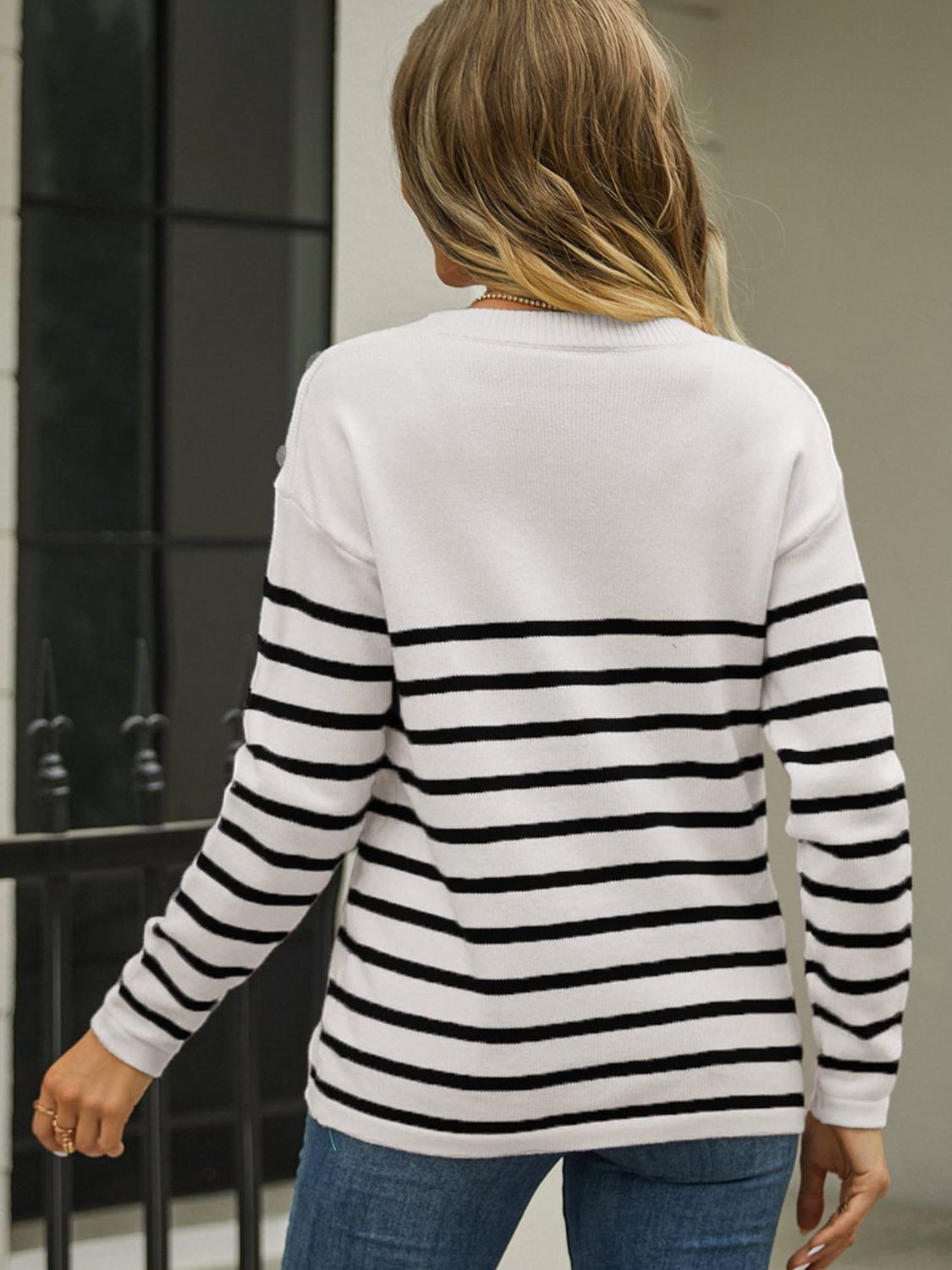 round neck shoulder button striped pullover sweater