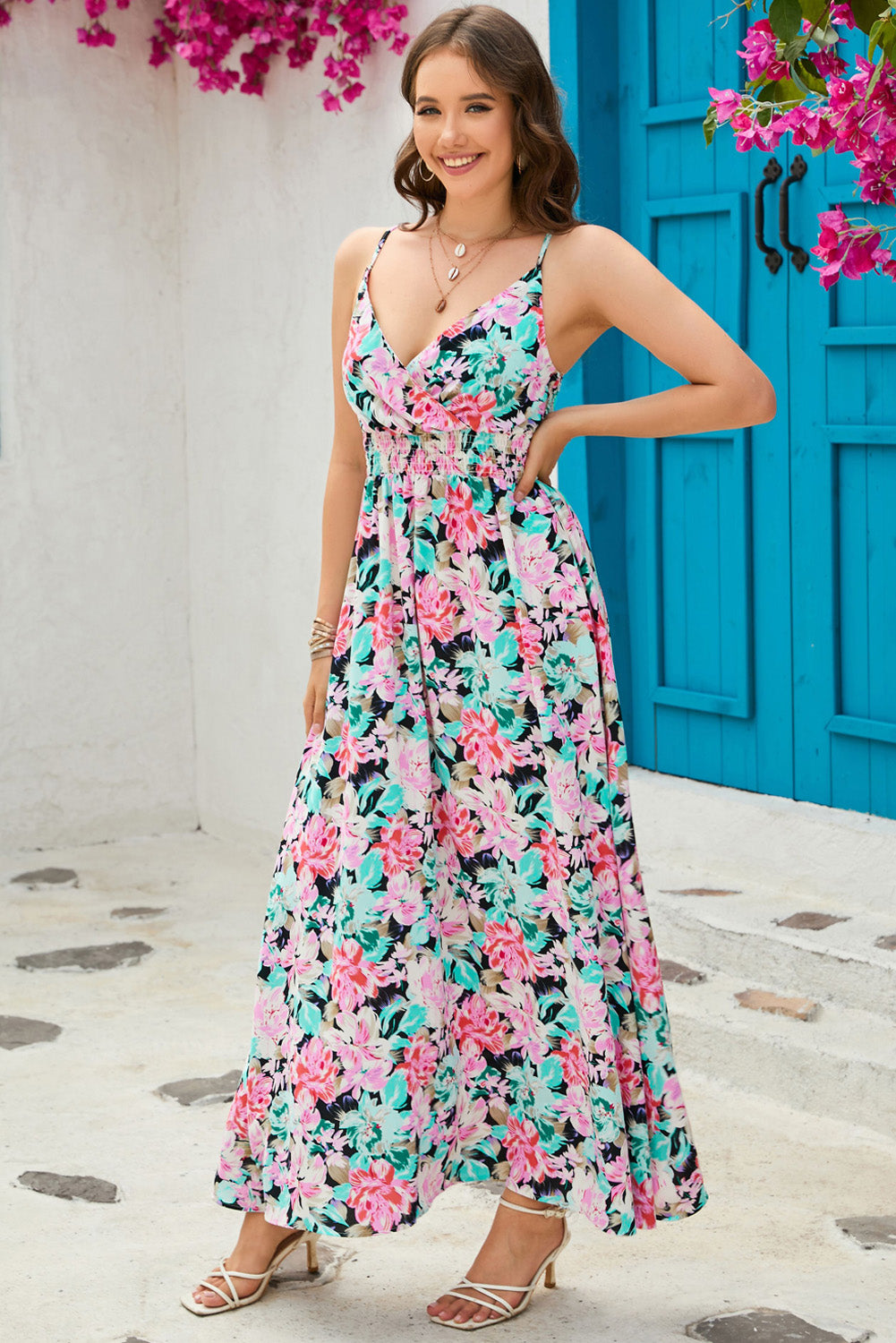 floral spaghetti strap surplice neck maxi dress