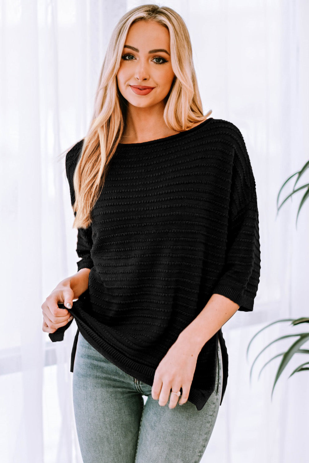 round neck dropped shoulder side slit pullover sweater