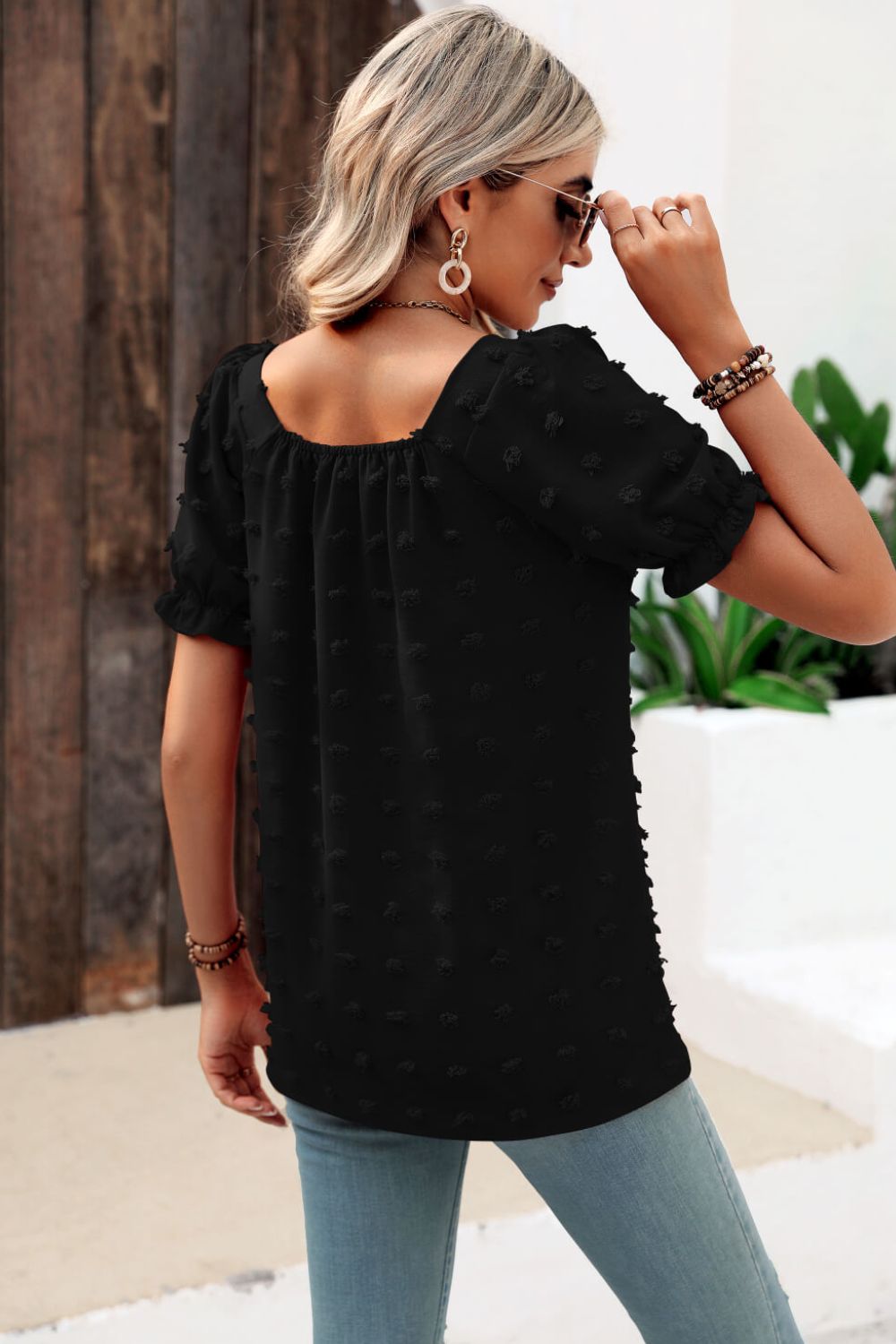 swiss dot puff sleeve square neck blouse