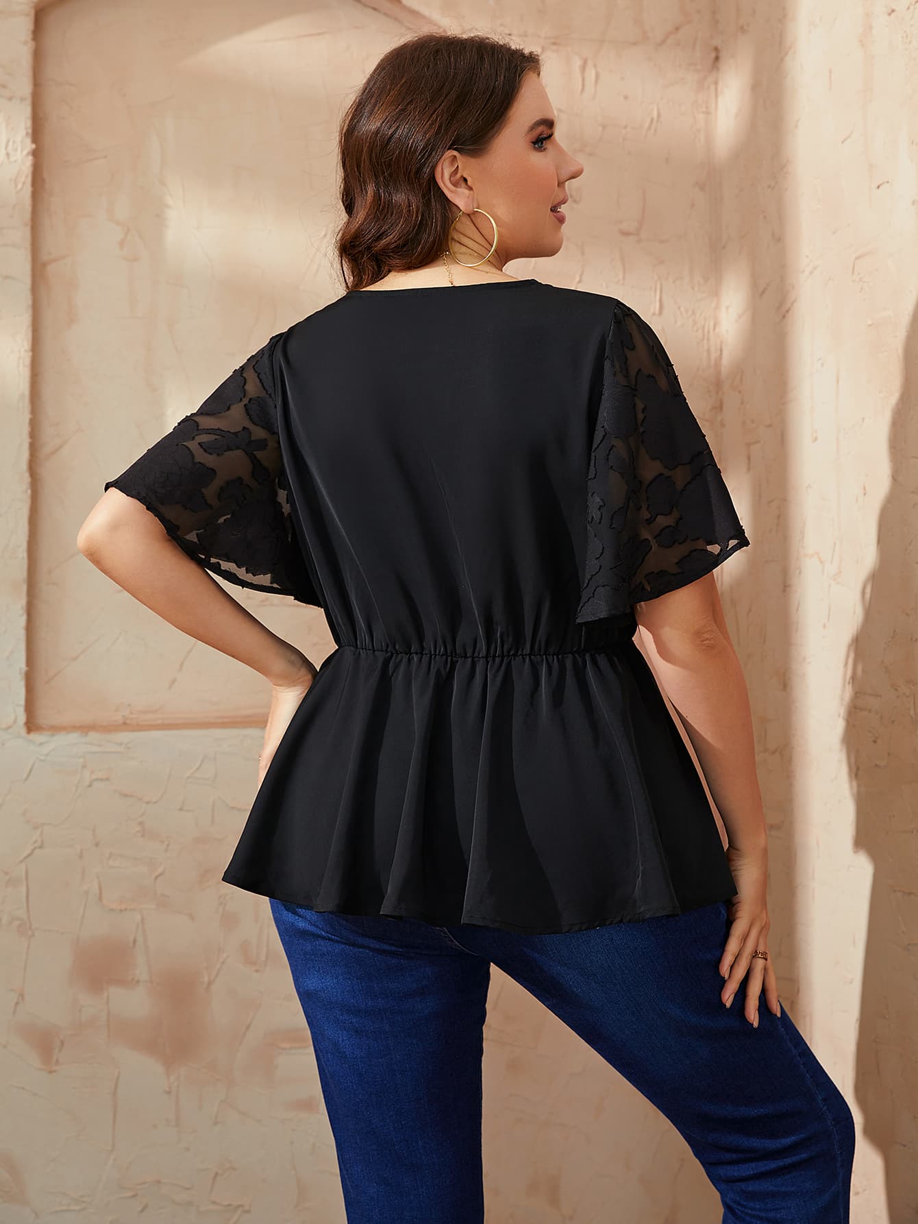plus size v-neck flutter sleeve babydoll blouse