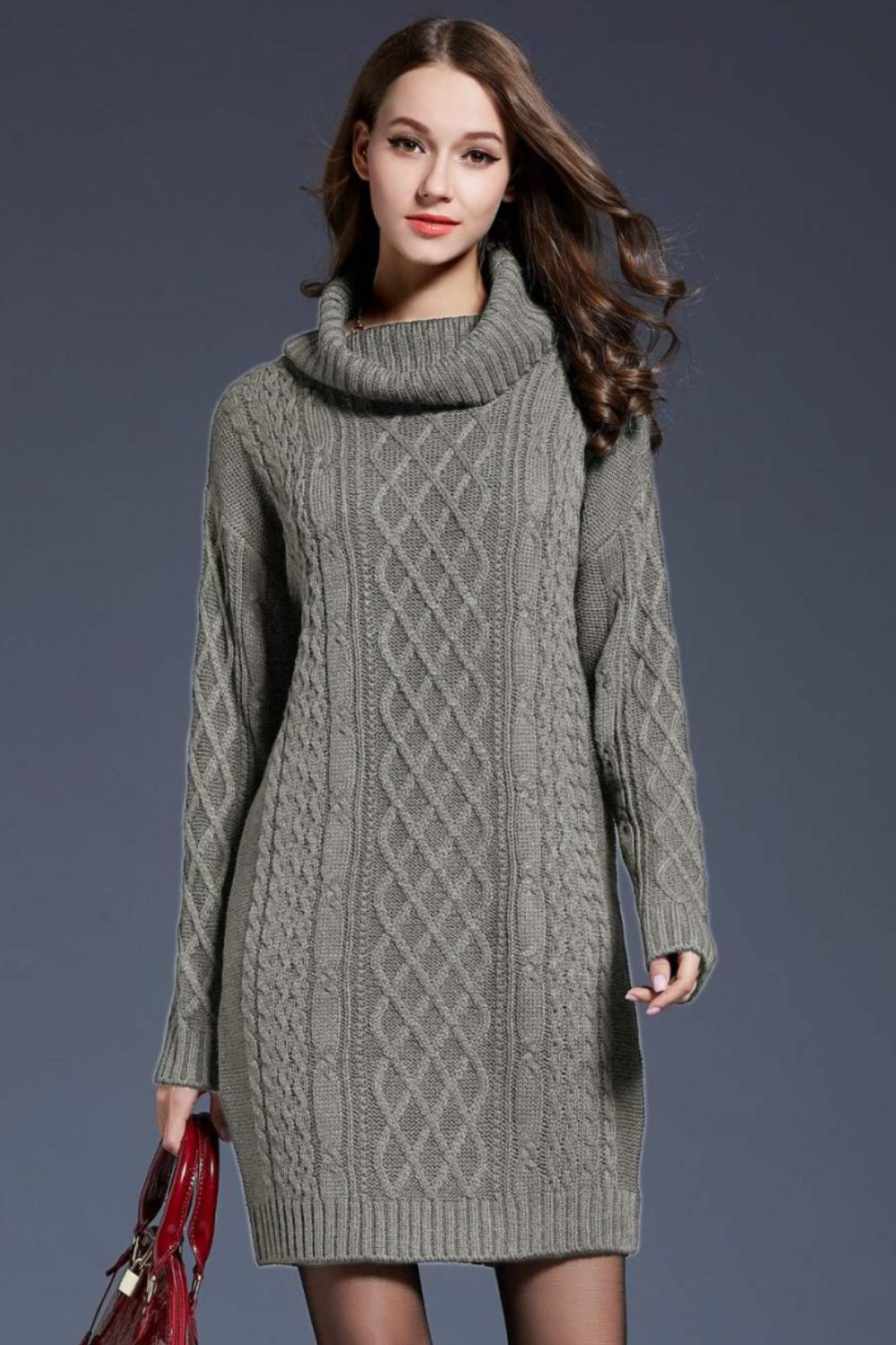 woven right full size mixed knit cowl neck dropped shoulder sweater dress