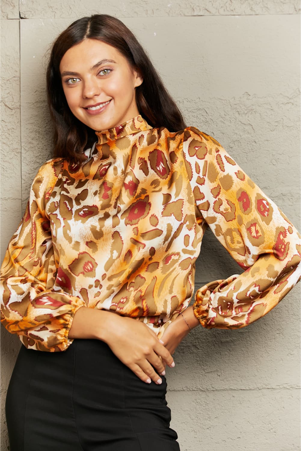 printed mock neck long sleeve blouse