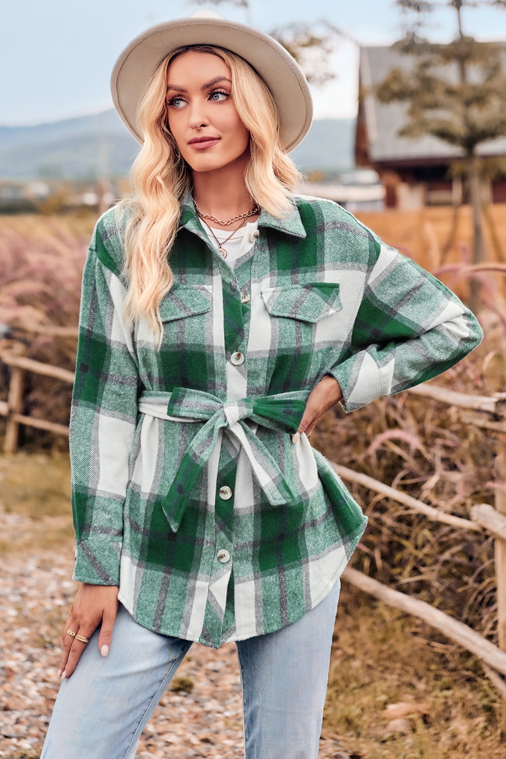 plaid collared neck bow front long sleeve jacket