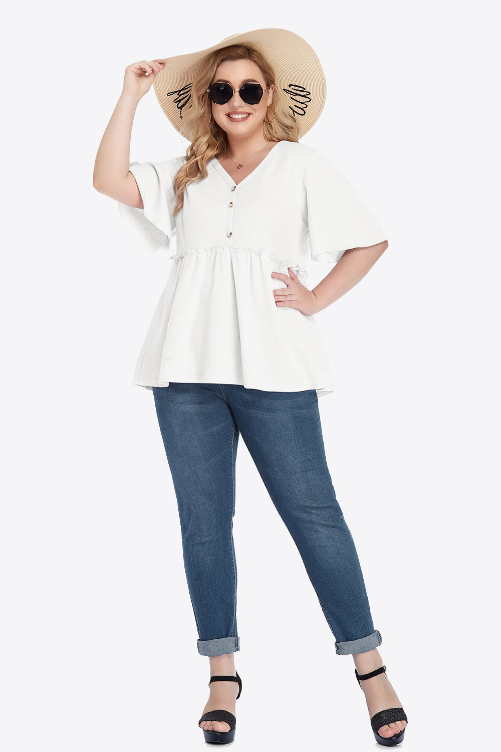 plus size buttoned v-neck frill trim babydoll blouse