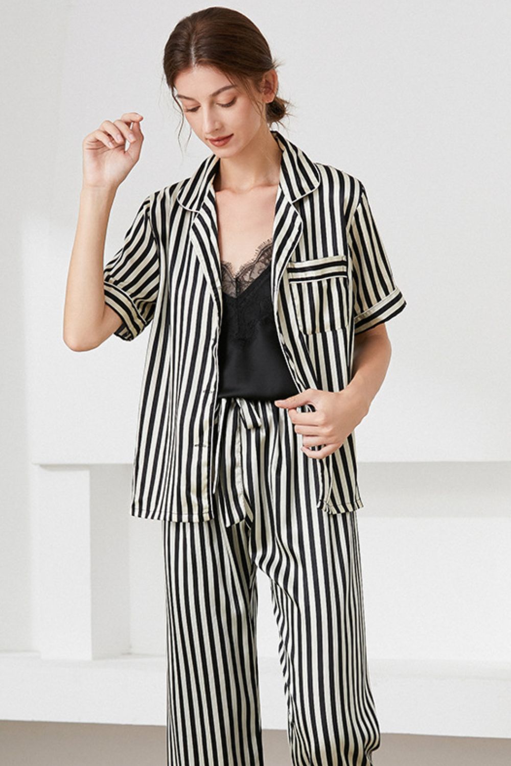 striped short sleeve shirt, pants, and cami pajama set