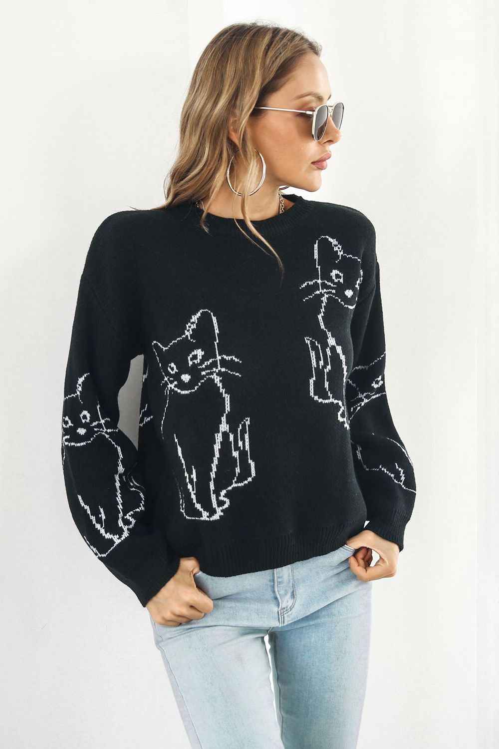 cat pattern round neck long sleeve pullover sweater