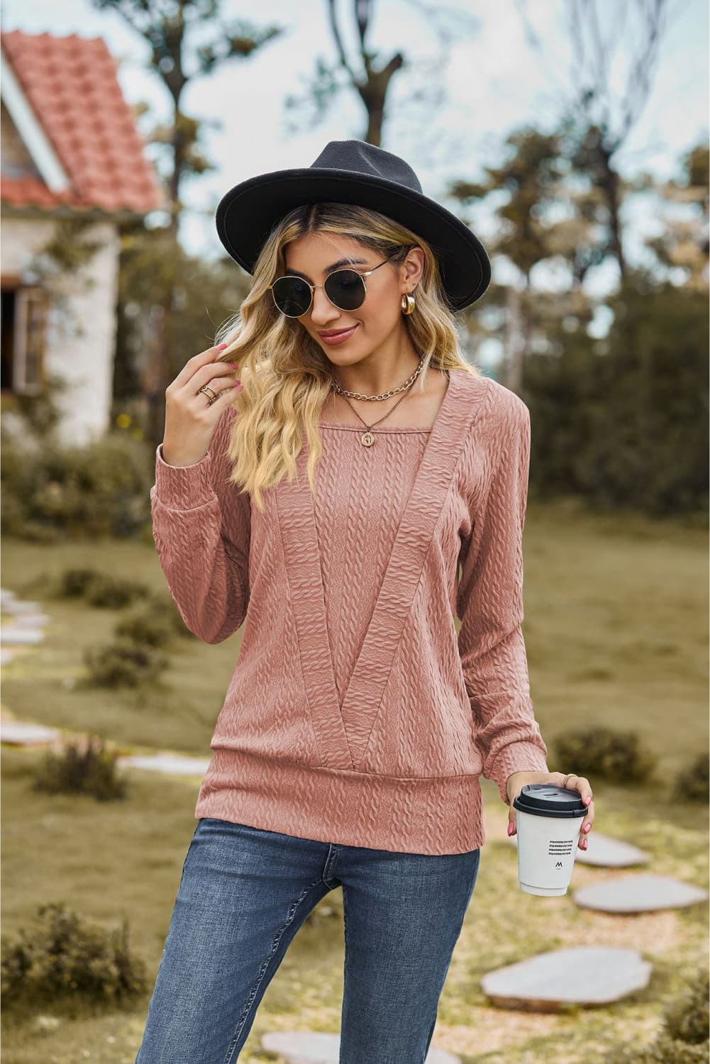 square neck long sleeve blouse