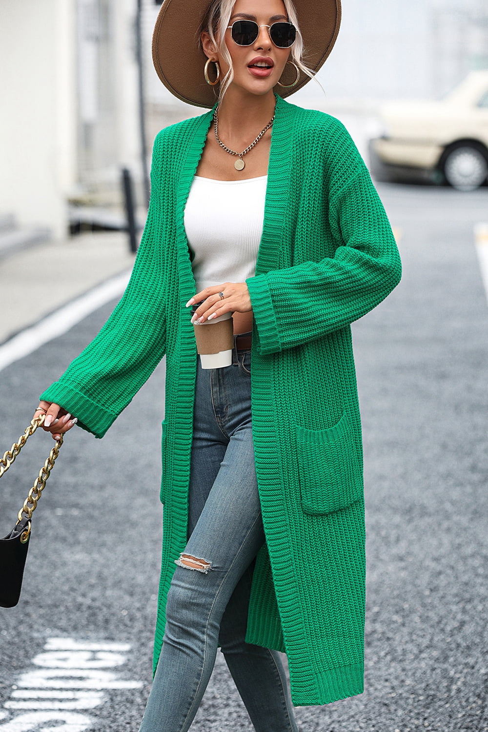 dropped shoulder long sleeve cardigan with pocket