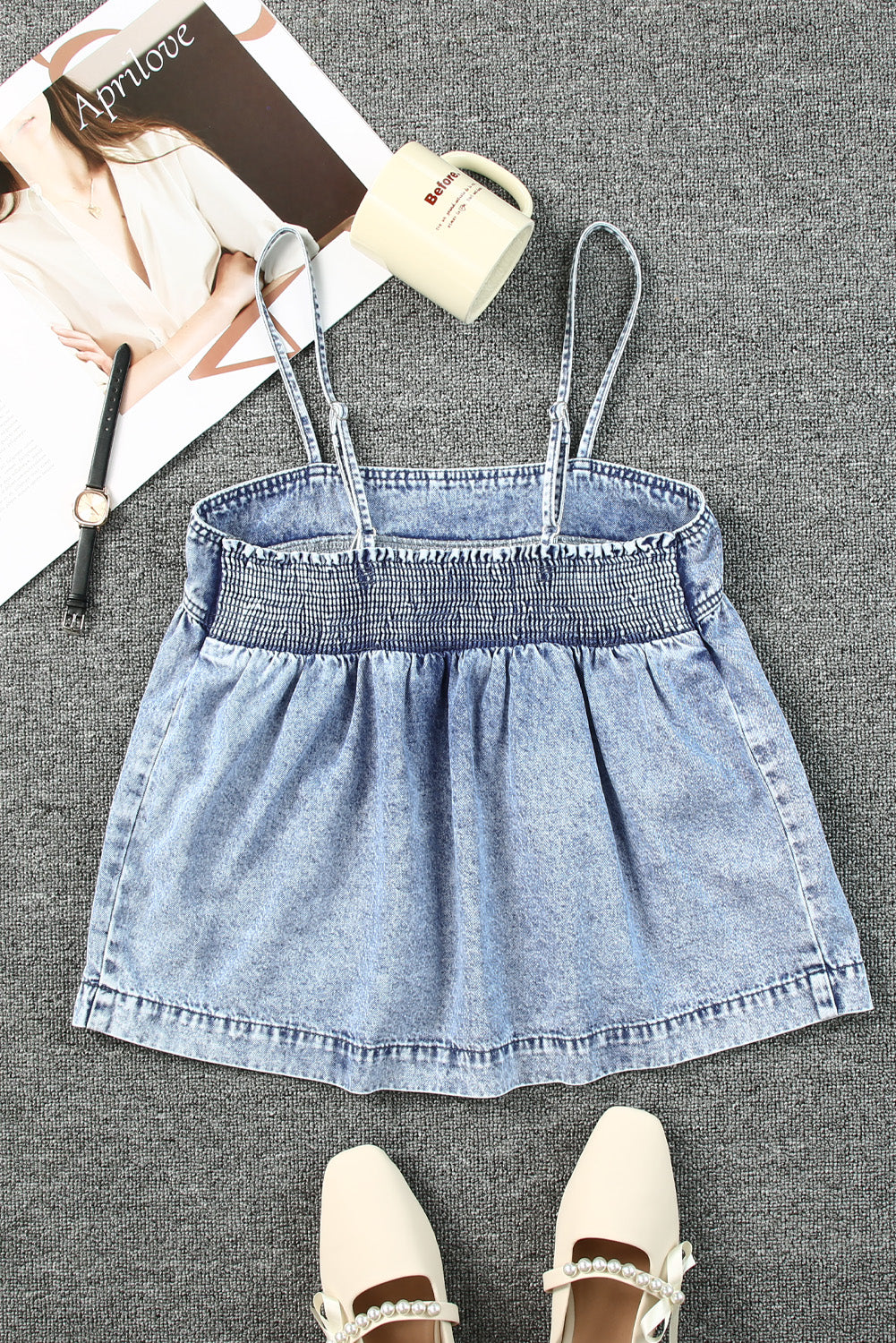 smocked adjustable strap denim cami