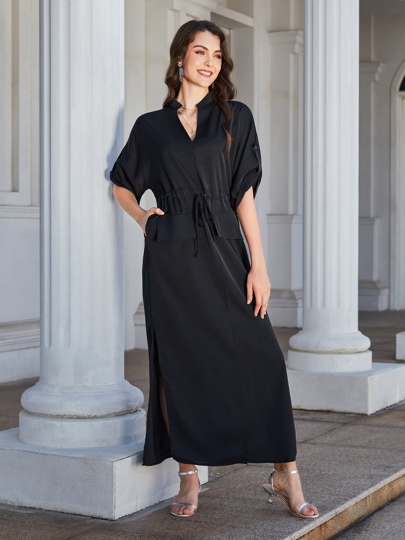 high slit roll-tab sleeve notched neck maxi dress