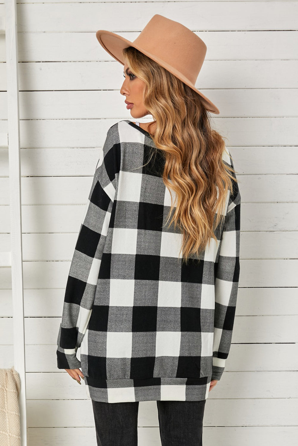double take plaid long sleeve tunic sweatshirt