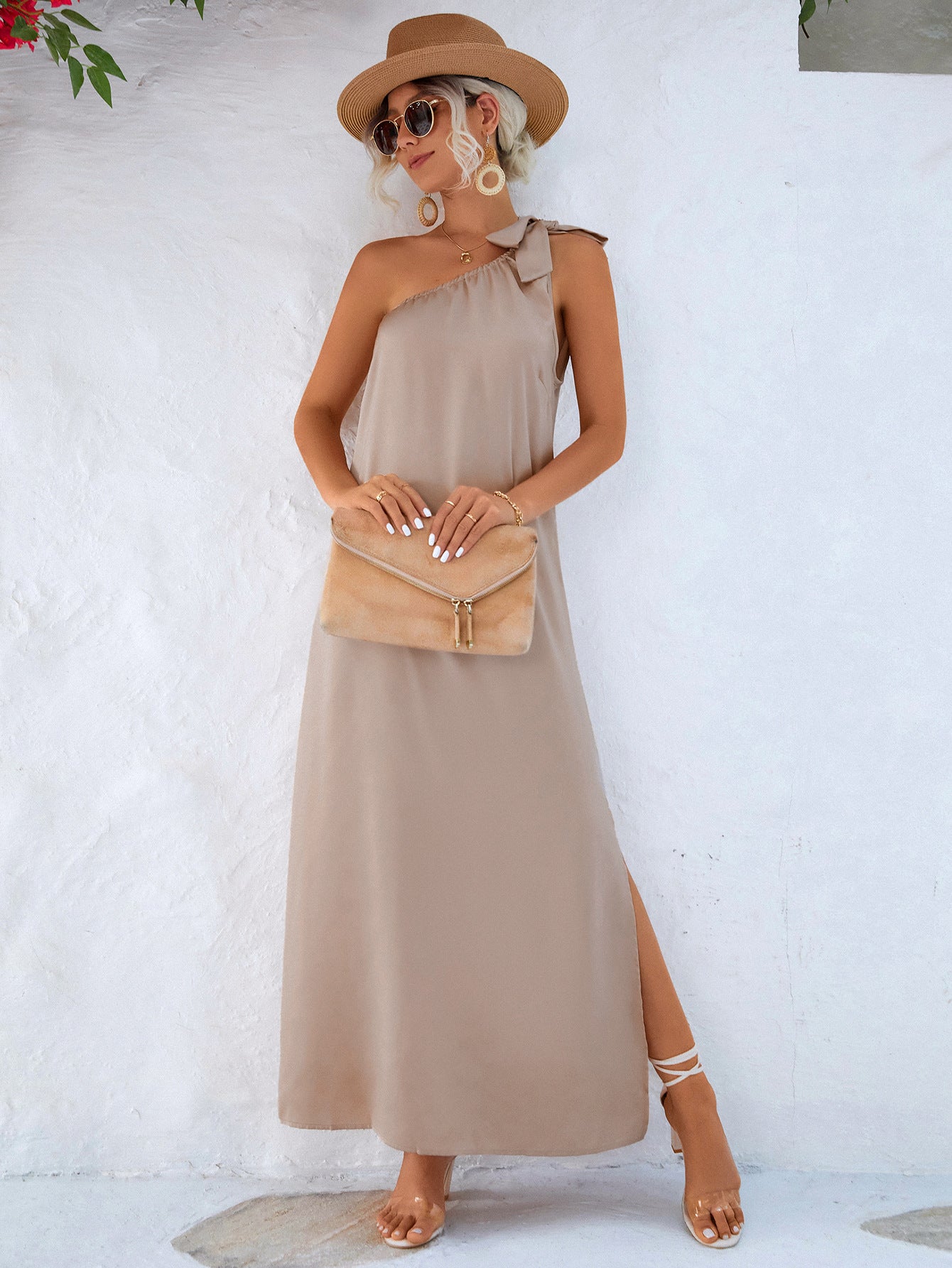 one-shoulder slit maxi dress