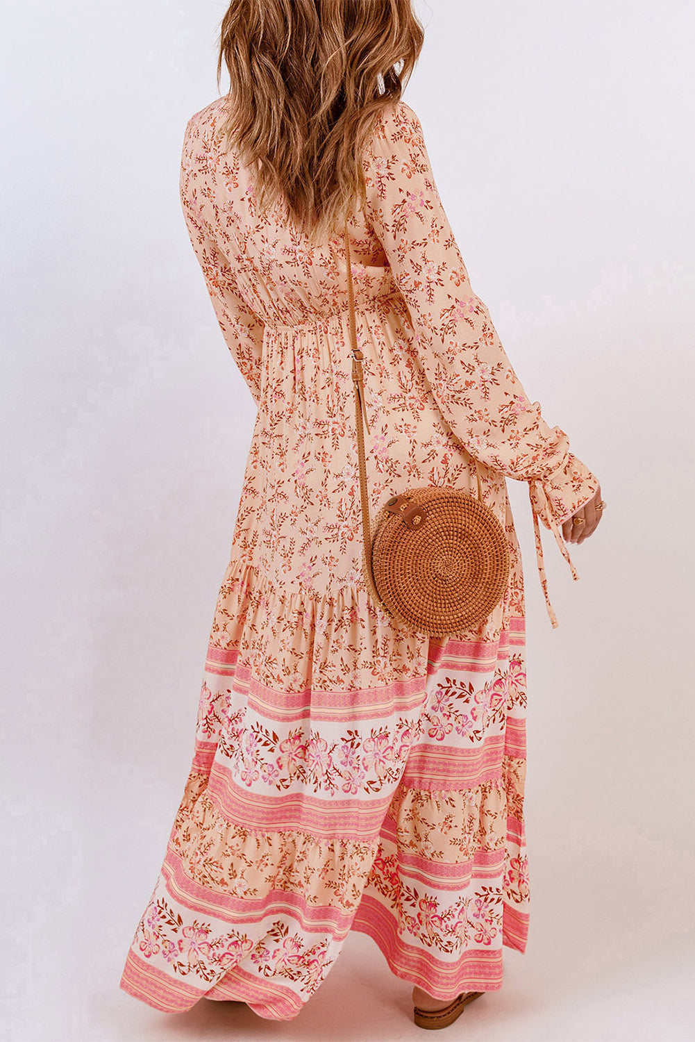 bohemian lace-up long sleeve maxi dress