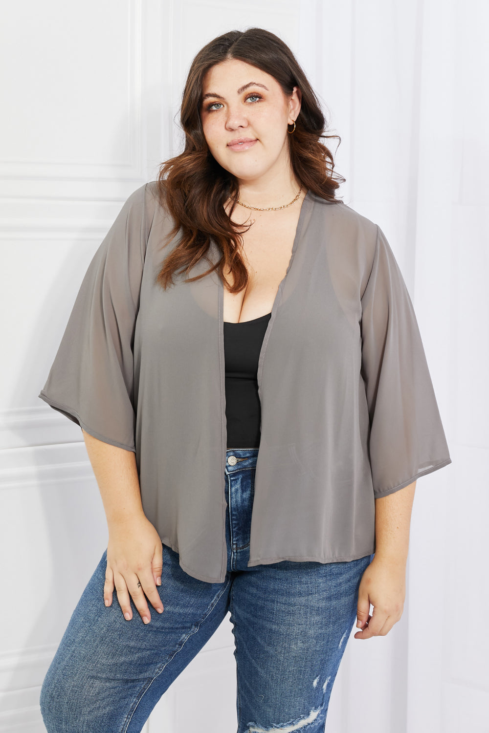 melody just breathe full size chiffon kimono in grey