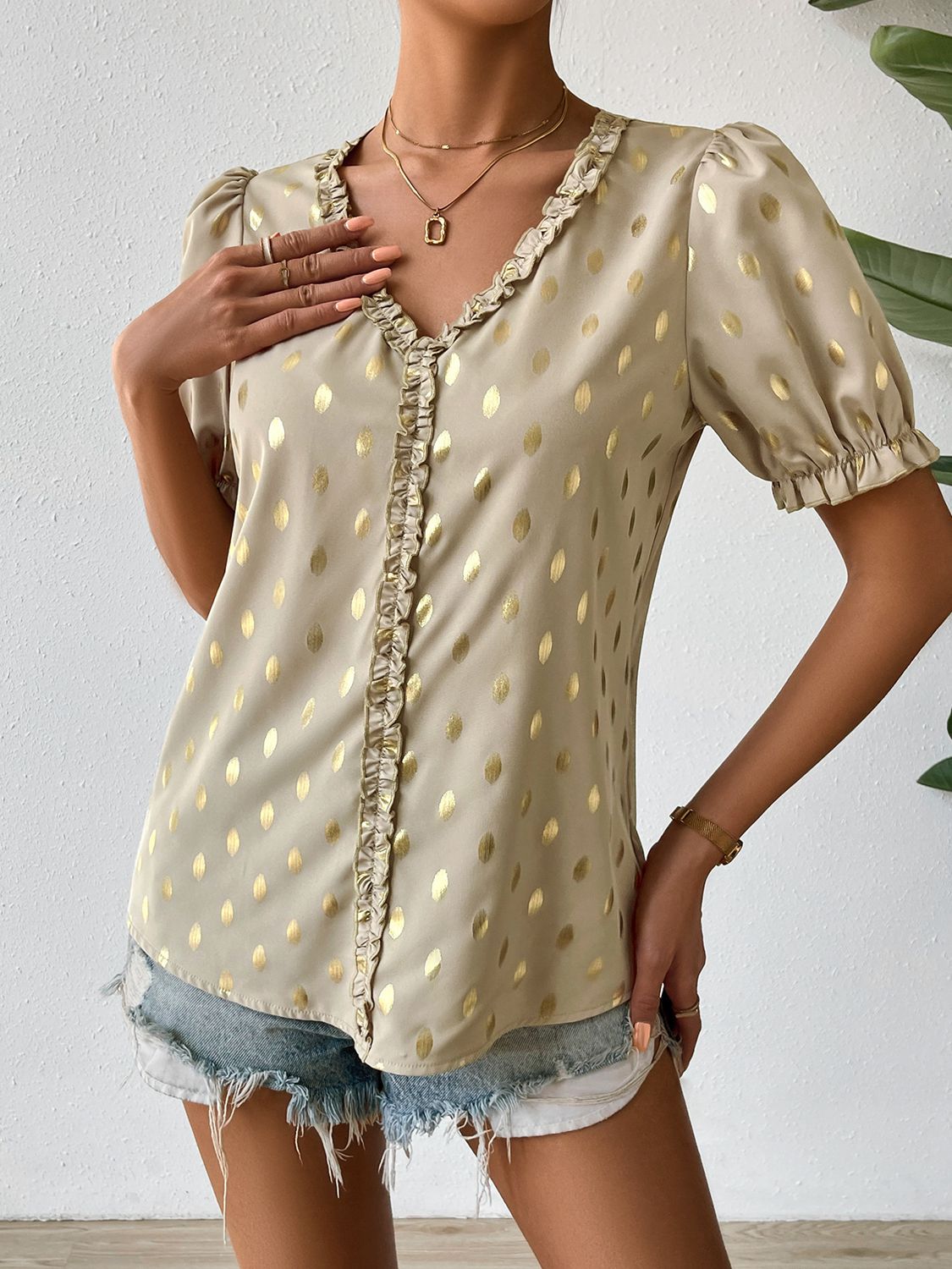 printed frill trim v-neck blouse