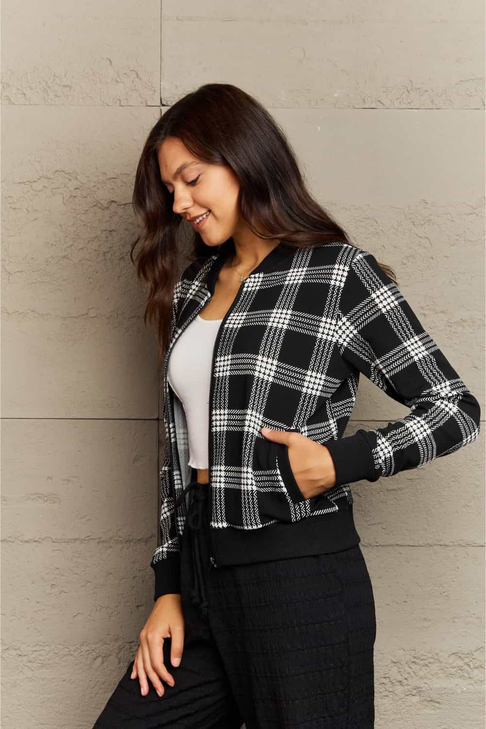 ninexis full size plaid round neck long sleeve jacket