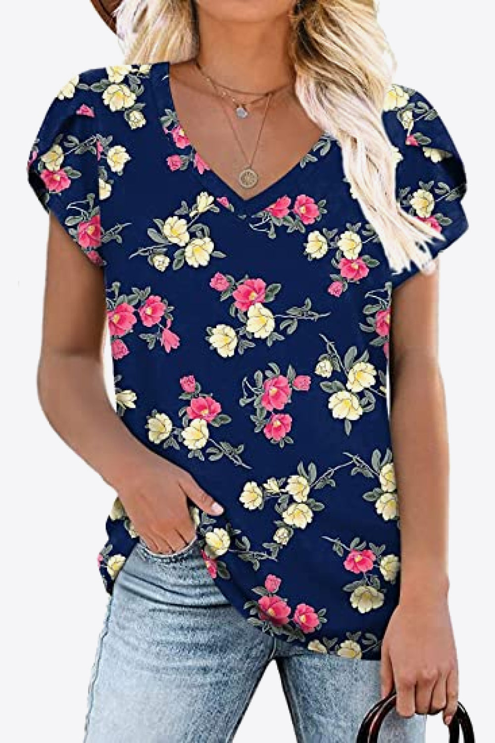 printed petal sleeve v-neck blouse