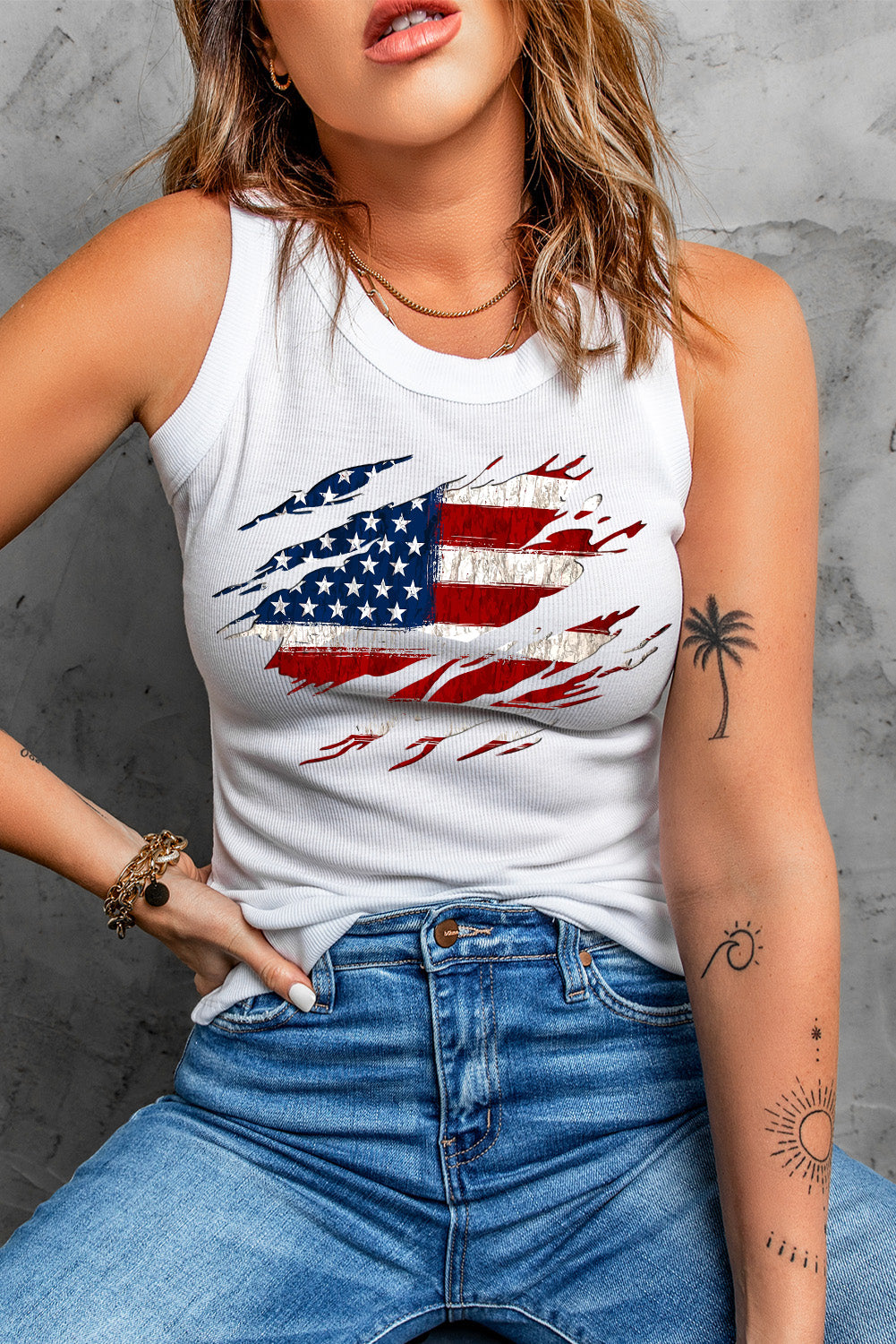 full size us flag graphic round neck tank