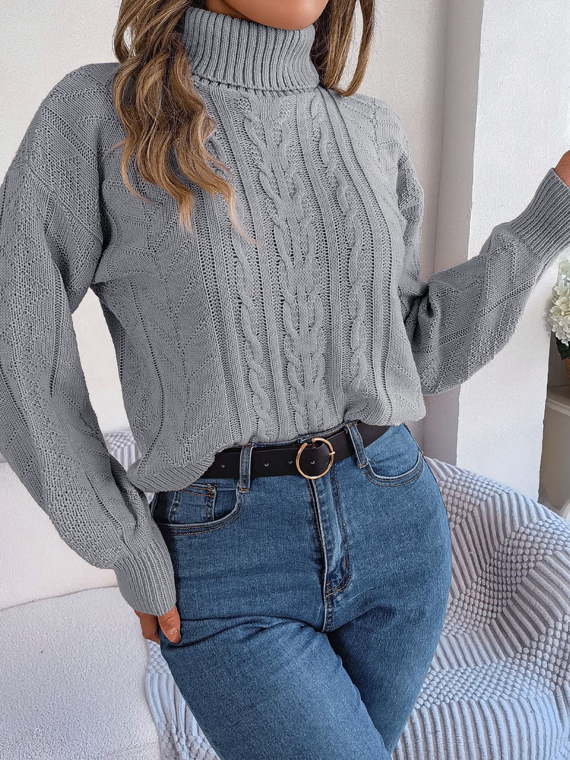 cable-knit turtleneck sweater