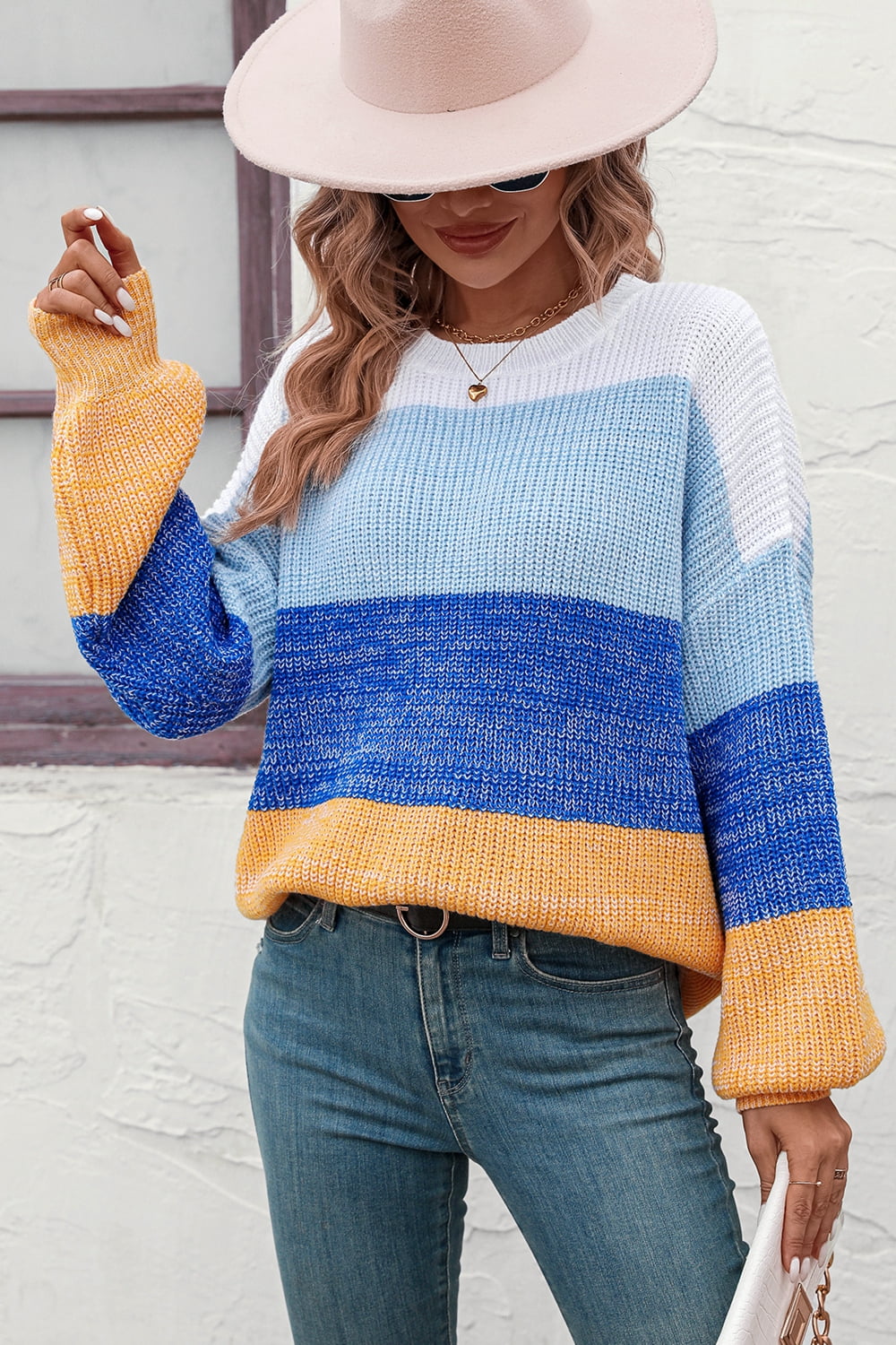 round neck color block ribbed pullover sweater