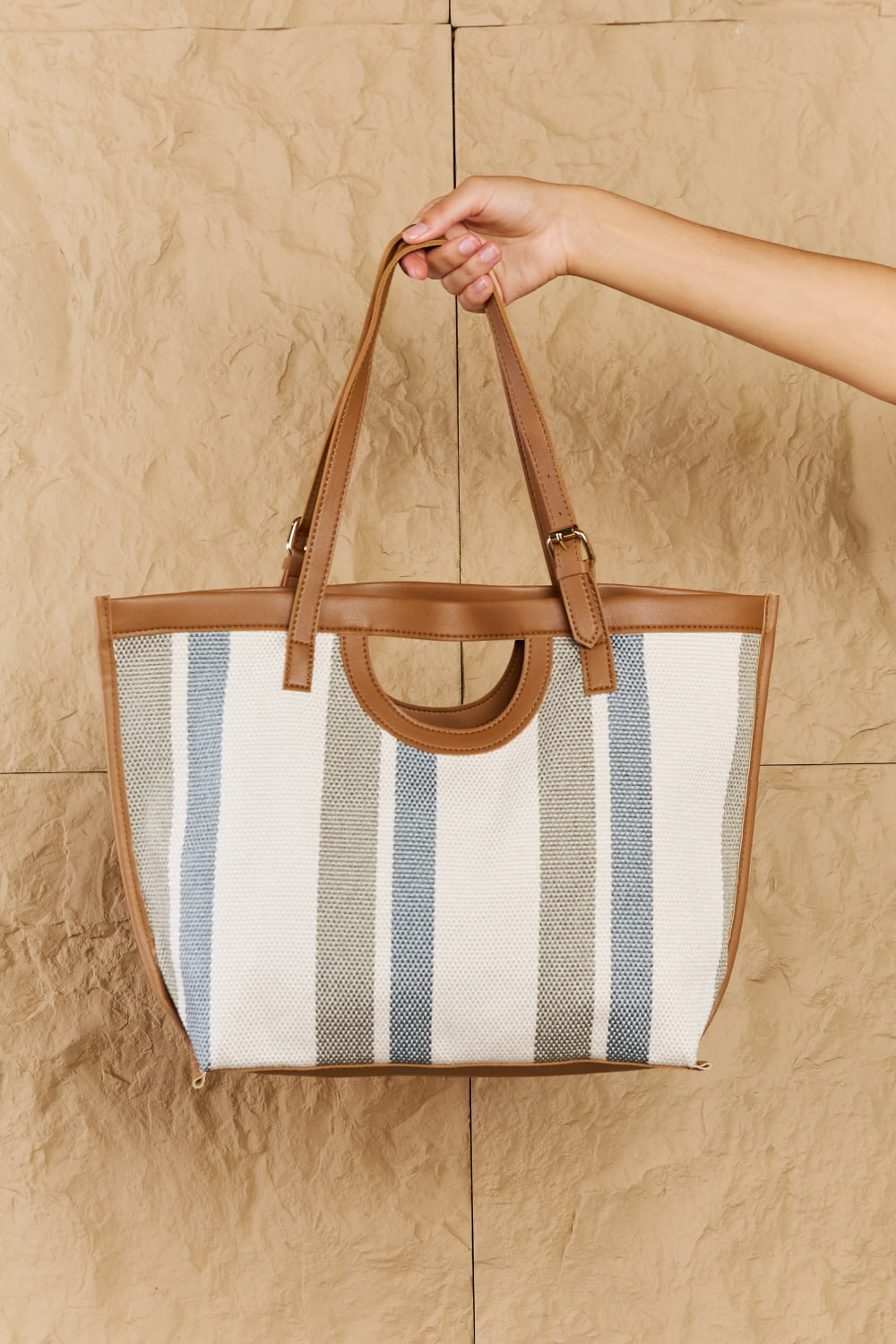 fame striped in the sun faux leather trim tote bag