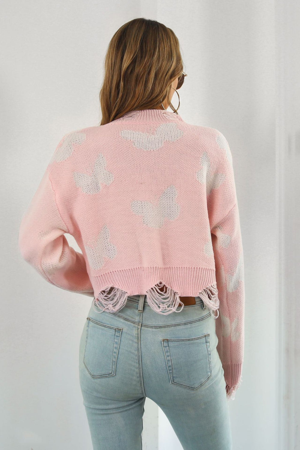 printed round neck ribbed long sleeve sweater