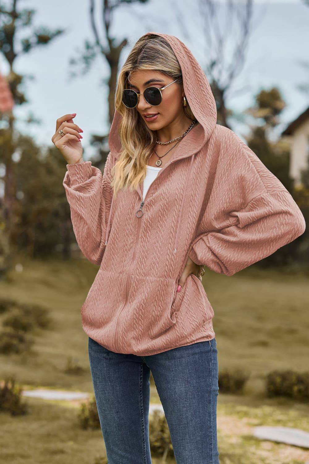 cable-knit long sleeve hooded jacket