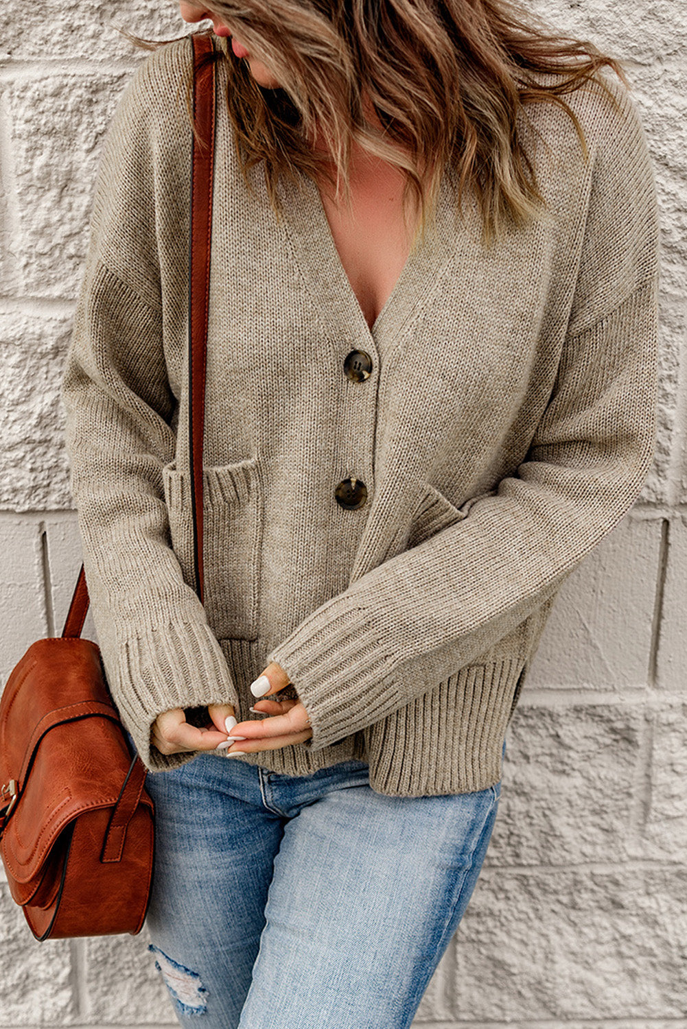 ribbed trim button down cardigan with pockets