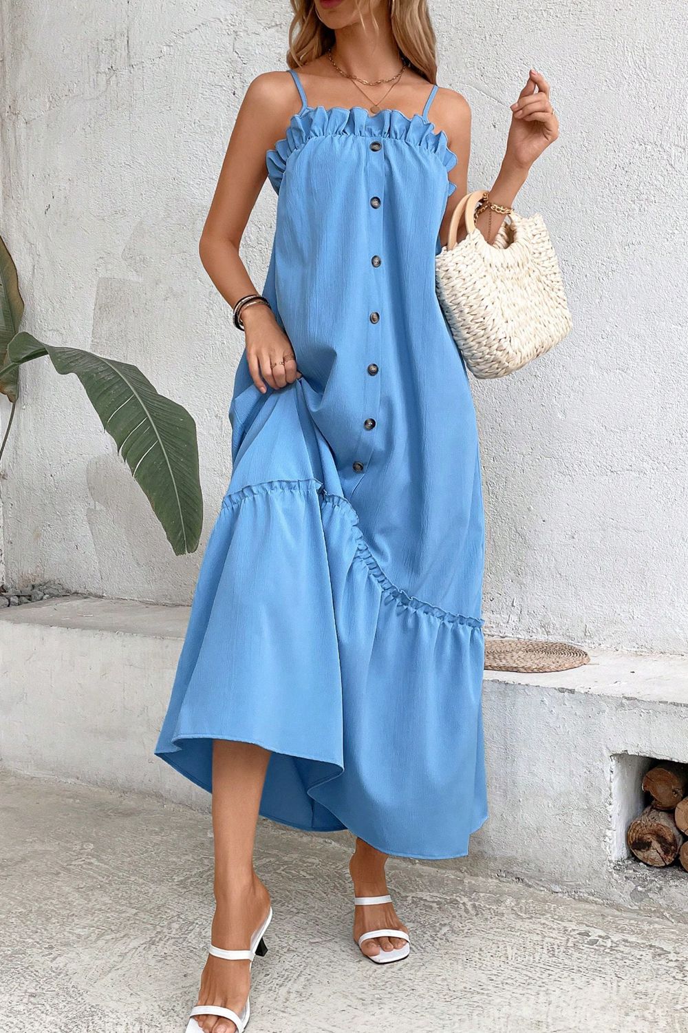 ruffle trim buttoned sleeveless maxi dress