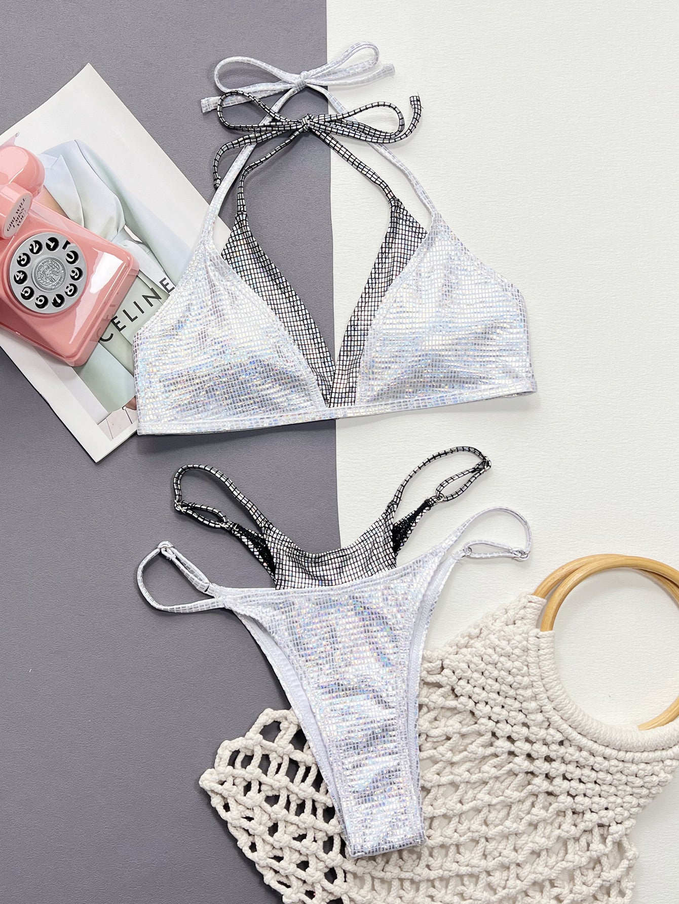 faux layered halter neck two-piece bikini set